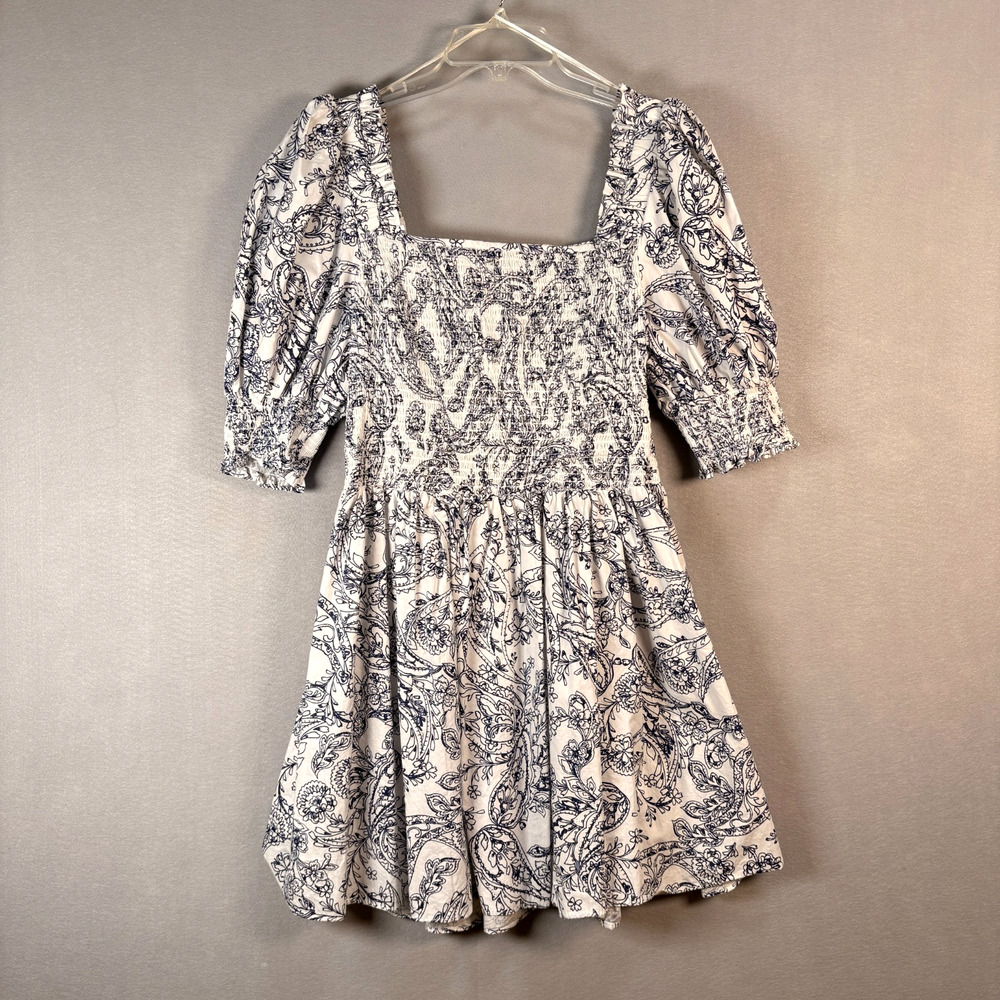 1.State Women's XL Navy Paisley Smocked Puff Sleeve Mini Dress Square Neck
